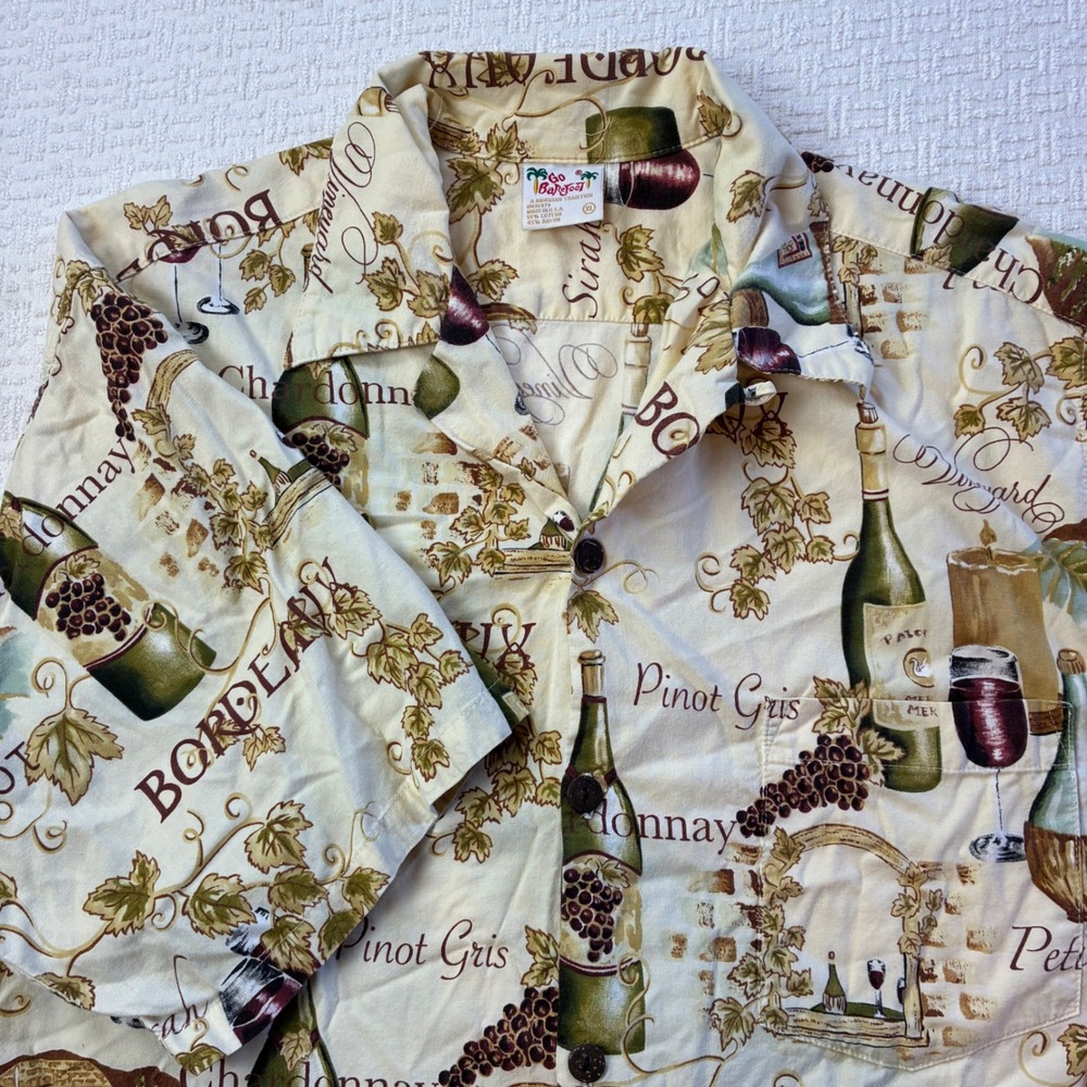Go Barefoot Mens XL Wine Print Hawaiian Shirt Cream Vineyard Vineyard Coastal